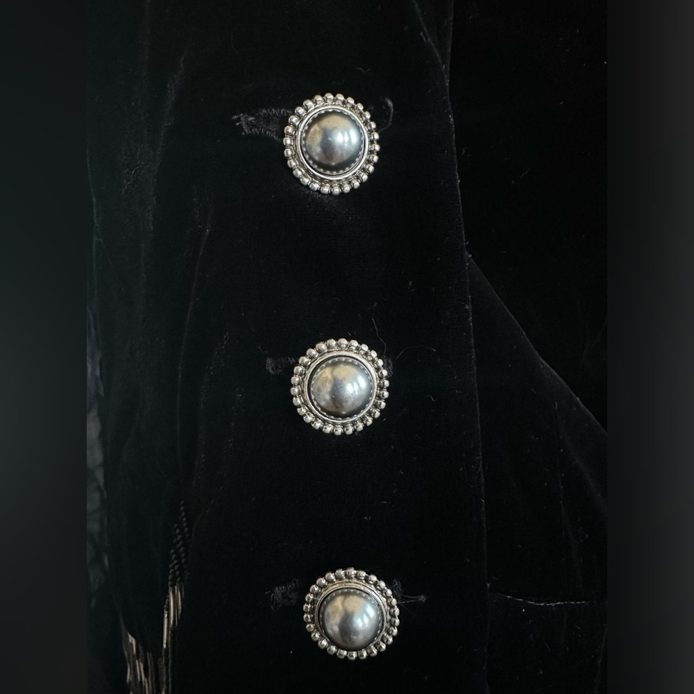 Vtg 80s Dorothy Schoelen Velvet Evening Silk Sheer Sleeves beaded Fringe Blazer - Picture 10 of 15